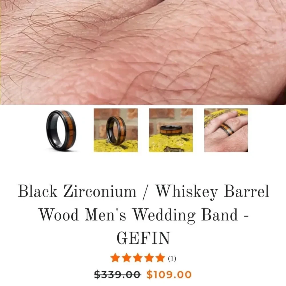 Men's Black Whiskey Bar Wood Inlay Ring Sz 13